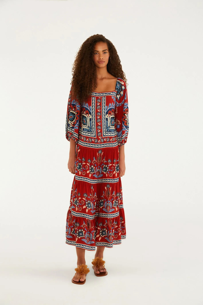 Vestido Longo Manga Estampado Lenço Náutico