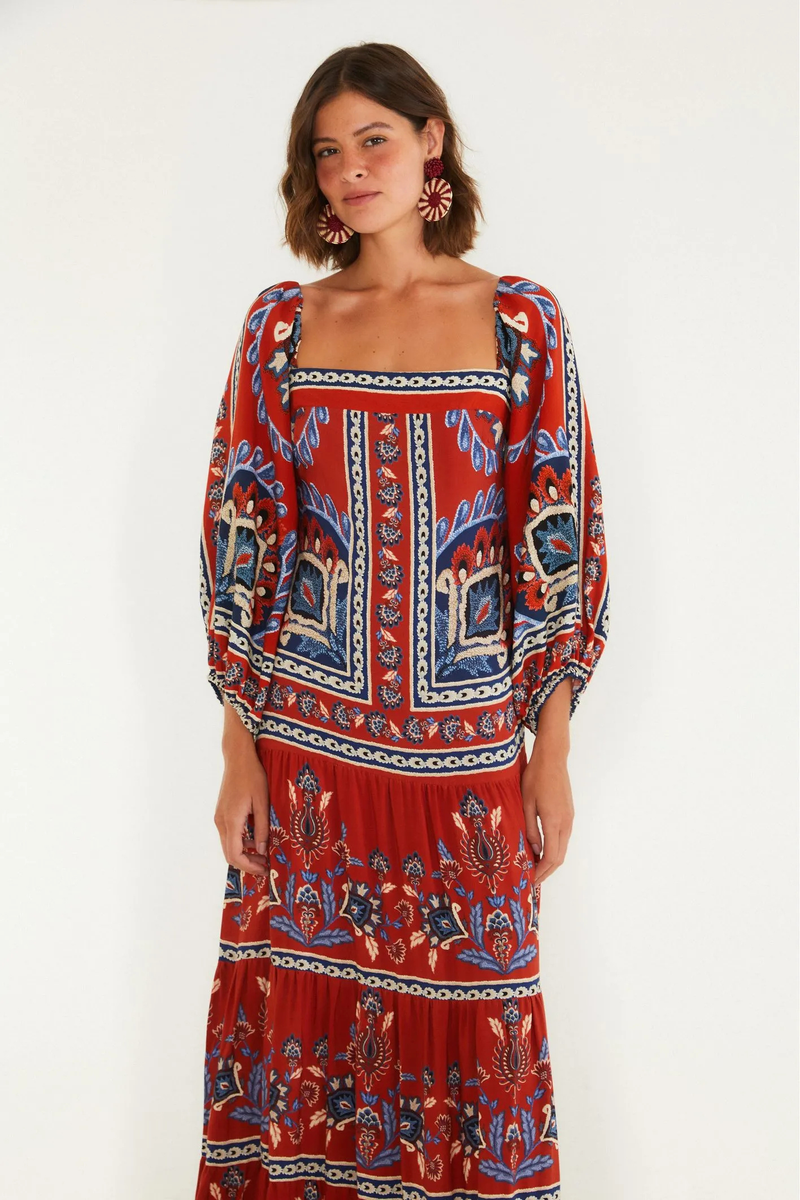 Vestido Longo Manga Estampado Lenço Náutico