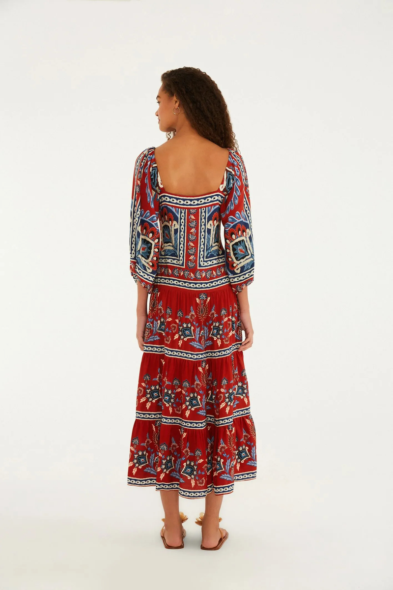 Vestido Longo Manga Estampado Lenço Náutico
